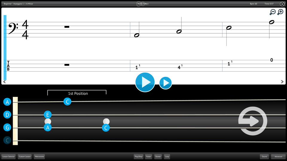 Purely Cello Screenshot Lesson Selector